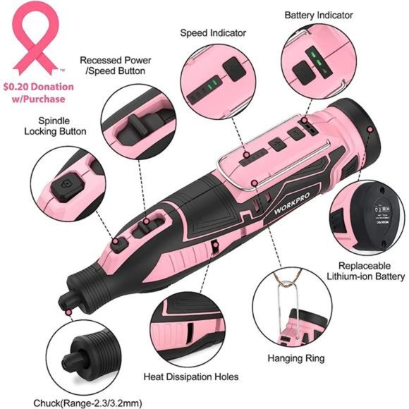 Pink 12V Cordless Rotary Tool Kit, 5 Variable Speeds, Powerful Engraver, Sander - Picture 5 of 6
